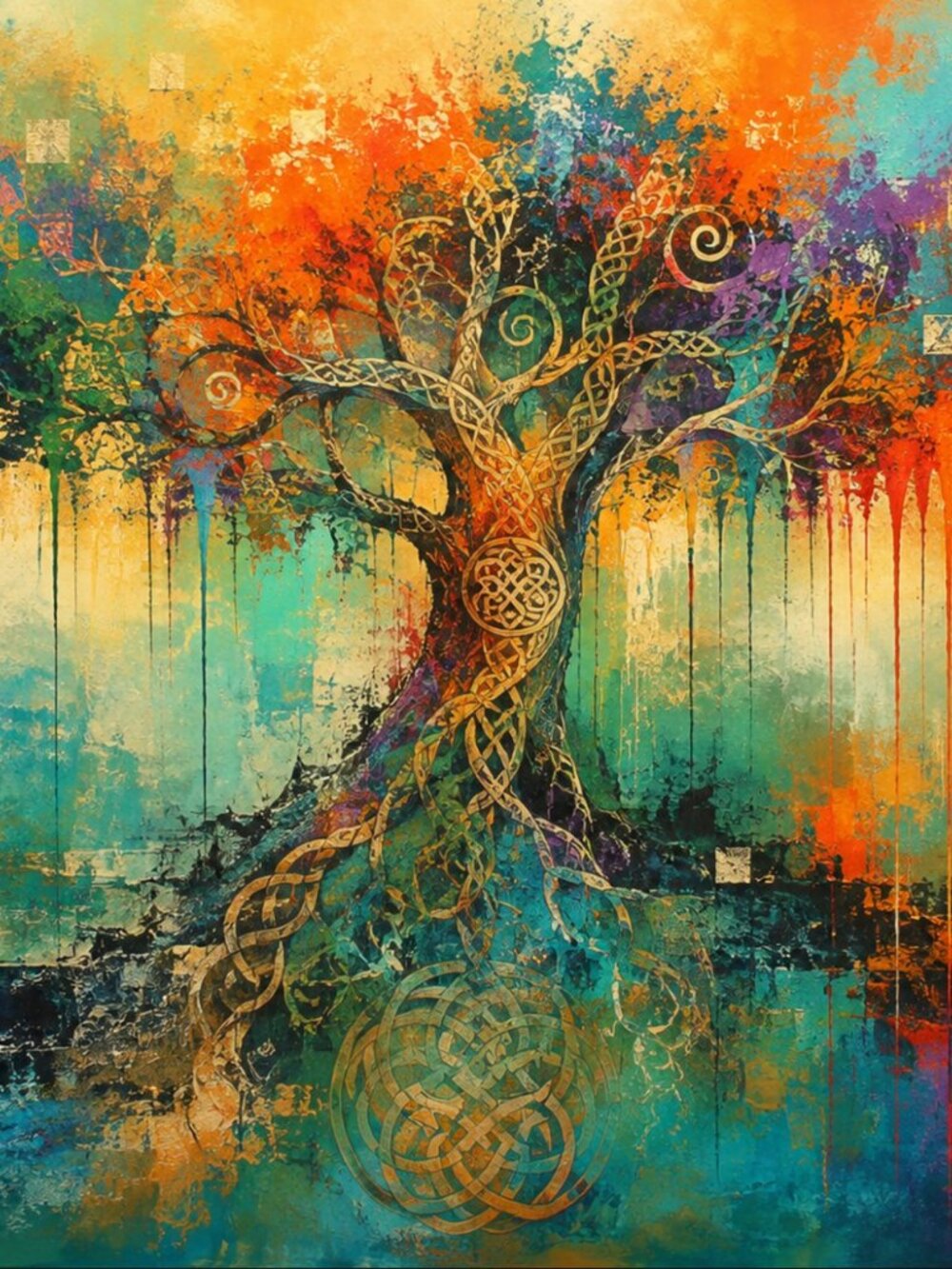 Teal Orange Celtic Tree of Life Art Print 36x24 Roots of Radiance